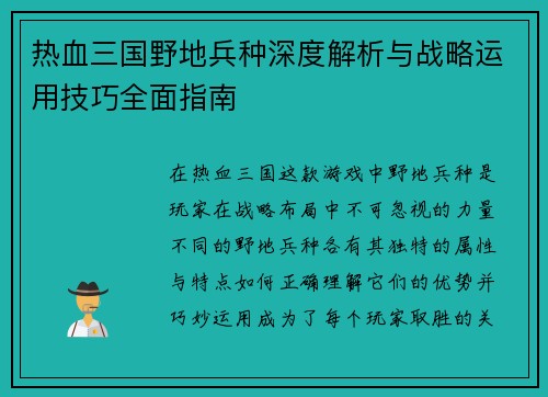 热血三国野地兵种深度解析与战略运用技巧全面指南