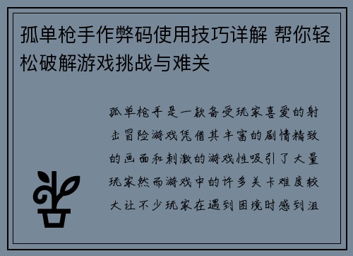 孤单枪手作弊码使用技巧详解 帮你轻松破解游戏挑战与难关